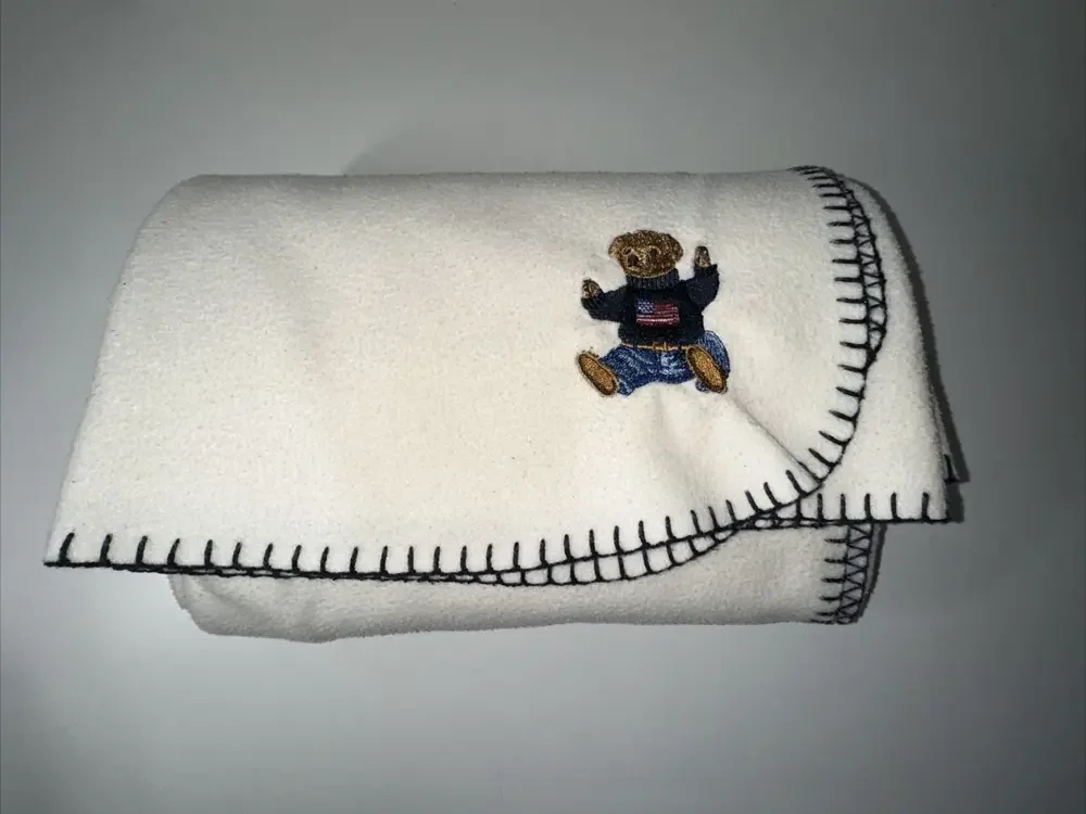 Lauren Ralph Lauren - Sitting Bear Throw Blanket - Cream wBlue stitching-50